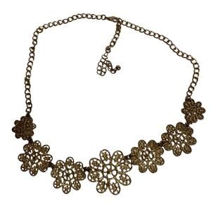 Vintage Fringe Bib Necklace Tone Flowers Used